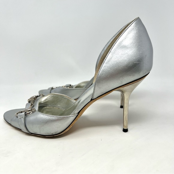 GUCCI Silver Leather Horsebit Open Toe Pumps Size 39 authentic Preowned - Picture 7 of 8
